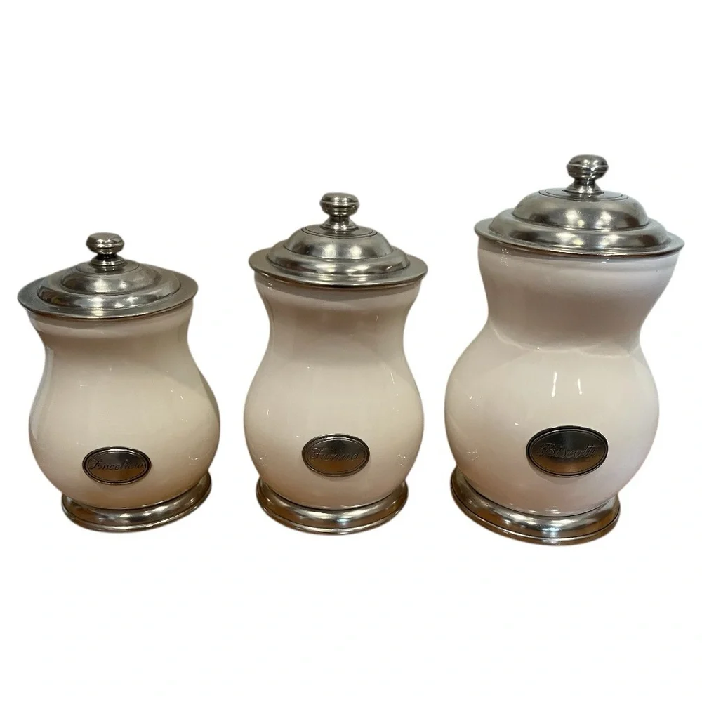 Arte Italica pewter and ceramic made in Italy canister set of three